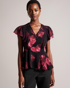 Hauts Ted Baker Angel Sleeve Peplum Noir Femme | RZW-39919441